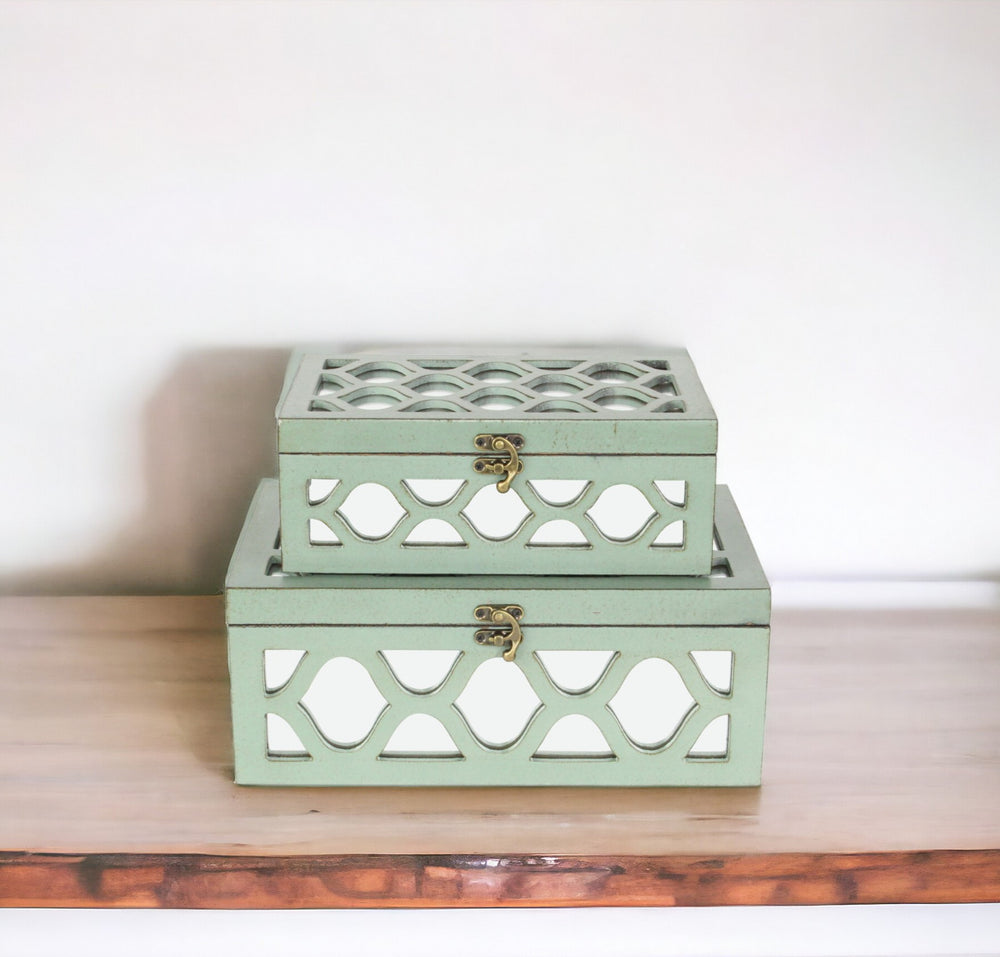 Homeroots Set Of 2 Blue Wooden Boxes With Overlayed Mirror Panels  Solid Wood 379873