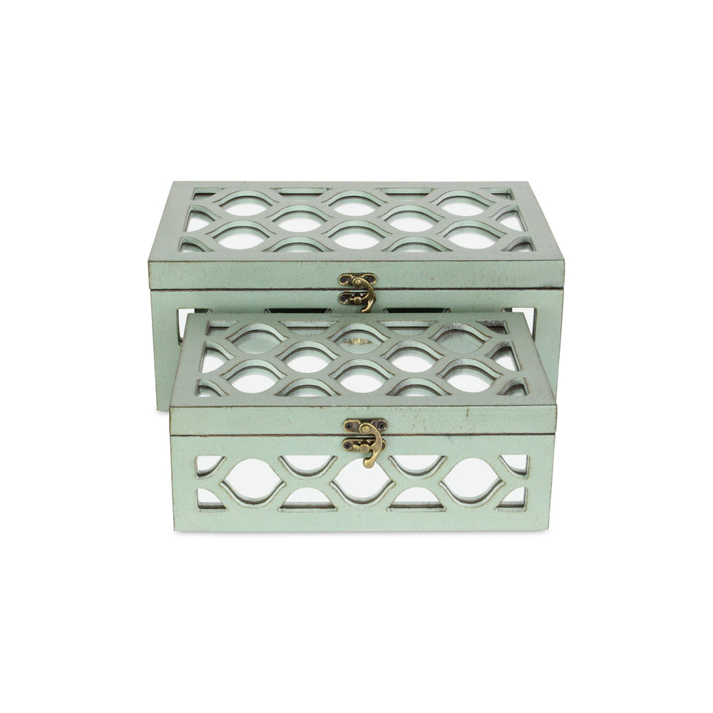 Homeroots Set Of 2 Blue Wooden Boxes With Overlayed Mirror Panels  Solid Wood 379873