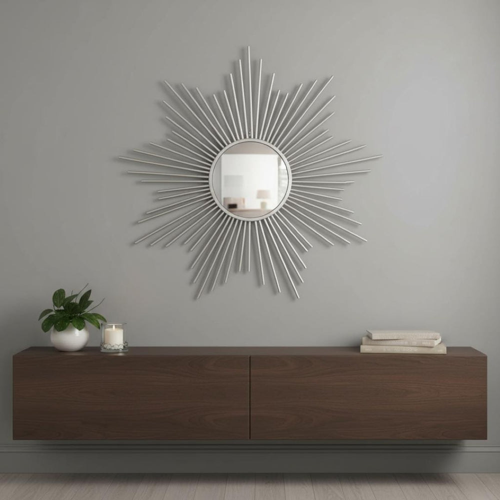 HomeRoots Striking Silver Sunburst Wall Mirror – Handcrafted, Contemporary Design for Bold Home Décor Accent 379877