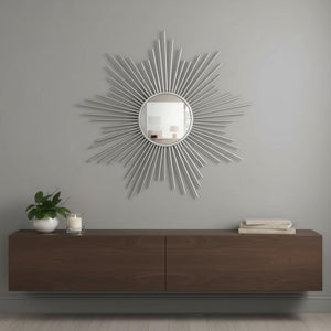 HomeRoots Striking Silver Sunburst Wall Mirror – Handcrafted, Contemporary Design for Bold Home Décor Accent 379877