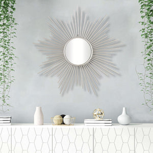 HomeRoots Striking Silver Sunburst Wall Mirror – Handcrafted, Contemporary Design for Bold Home Décor Accent 379877