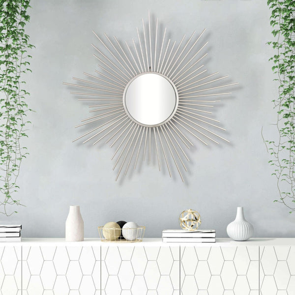 HomeRoots Striking Silver Sunburst Wall Mirror – Handcrafted, Contemporary Design for Bold Home Décor Accent 379877