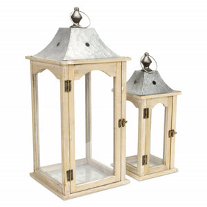 Homeroots Set Of 2 Brown Wood Finished Frame Glass And Metal Top Lanterns   379878