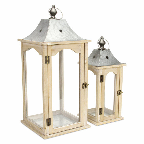 Homeroots Set Of 2 Brown Wood Finished Frame Glass And Metal Top Lanterns   379878