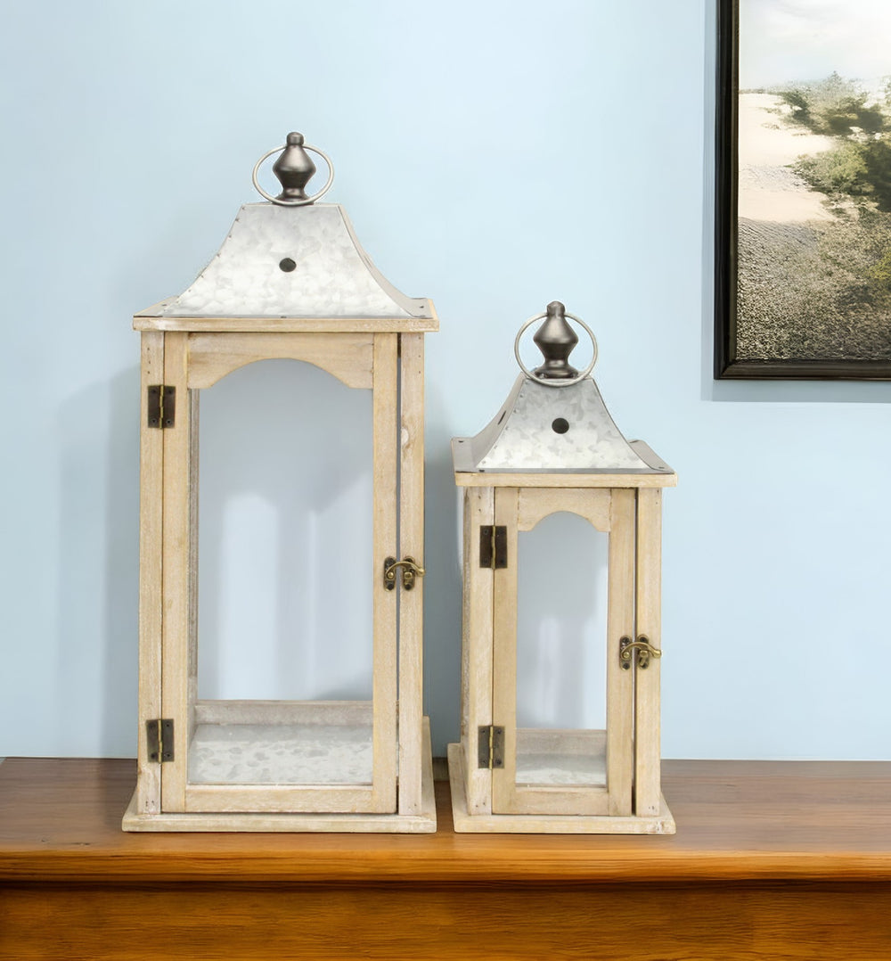 Homeroots Set Of 2 Brown Wood Finished Frame Glass And Metal Top Lanterns   379878