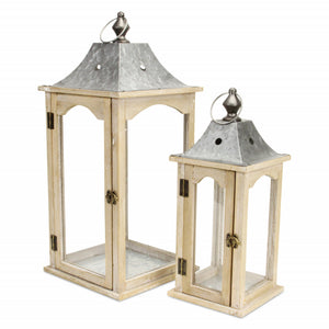 Homeroots Set Of 2 Brown Wood Finished Frame Glass And Metal Top Lanterns   379878