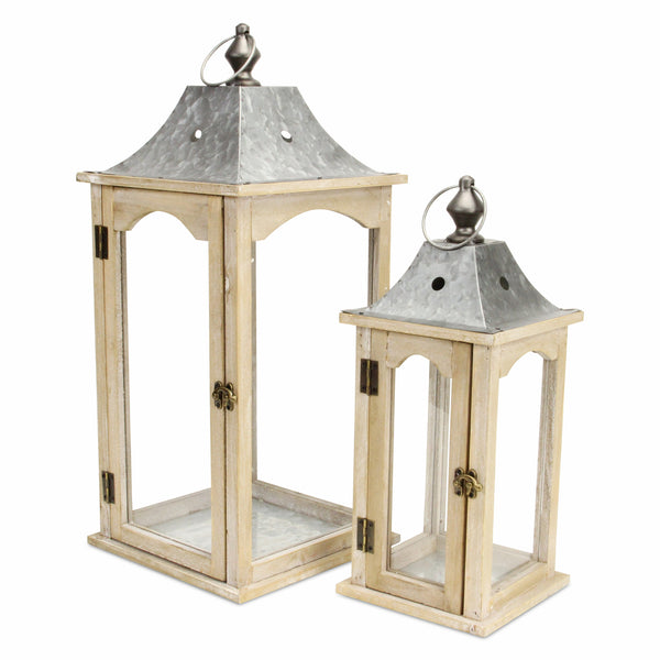 Homeroots Set Of 2 Brown Wood Finished Frame Glass And Metal Top Lanterns   379878