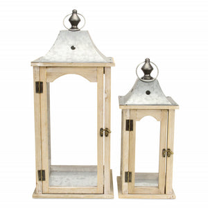 Homeroots Set Of 2 Brown Wood Finished Frame Glass And Metal Top Lanterns   379878