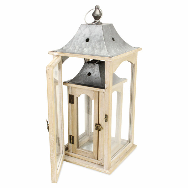 Homeroots Set Of 2 Brown Wood Finished Frame Glass And Metal Top Lanterns   379878