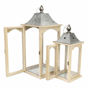 Homeroots Set Of 2 Brown Wood Finished Frame Glass And Metal Top Lanterns   379878