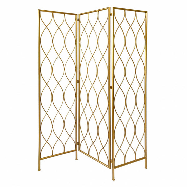 Homeroots 71" Gold Iron Folding Three Panel Screen Room Divider  Metal 379901