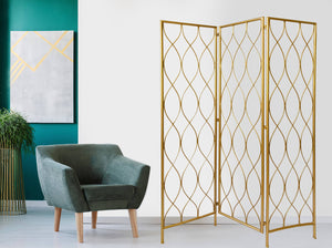 Homeroots 71" Gold Iron Folding Three Panel Screen Room Divider  Metal 379901