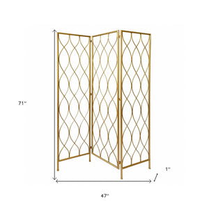 Homeroots 71" Gold Iron Folding Three Panel Screen Room Divider  Metal 379901