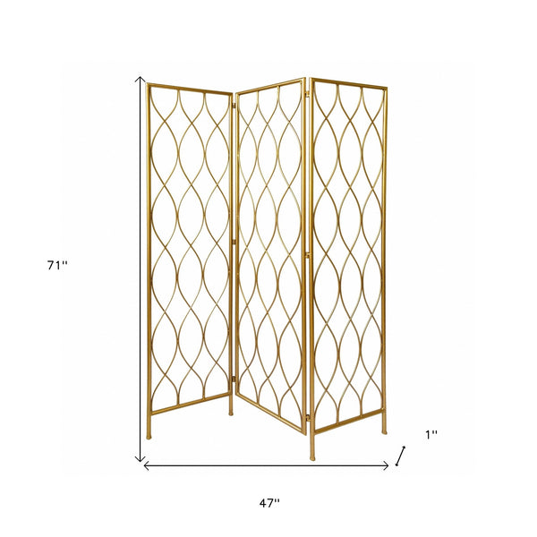Homeroots 71" Gold Iron Folding Three Panel Screen Room Divider  Metal 379901