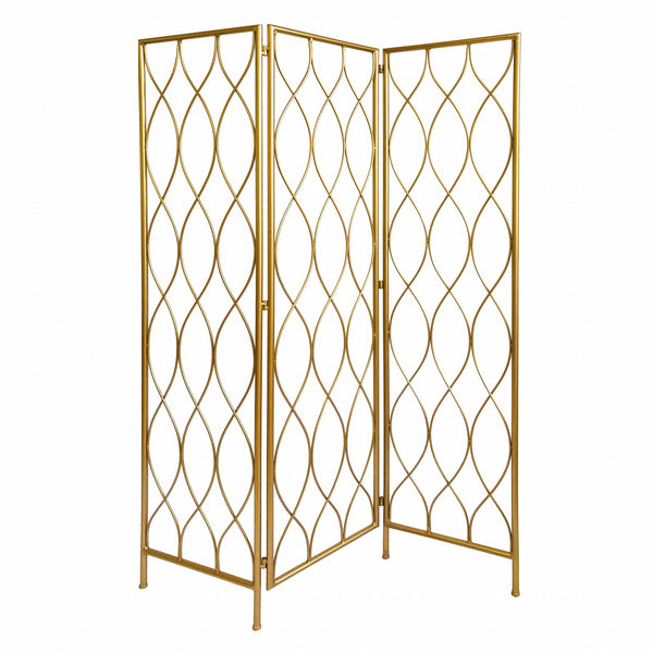 Homeroots 71" Gold Iron Folding Three Panel Screen Room Divider  Metal 379901