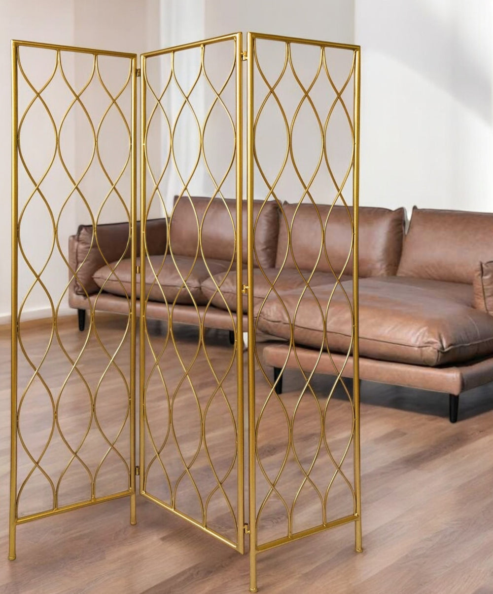 Homeroots 71" Gold Iron Folding Three Panel Screen Room Divider  Metal 379901