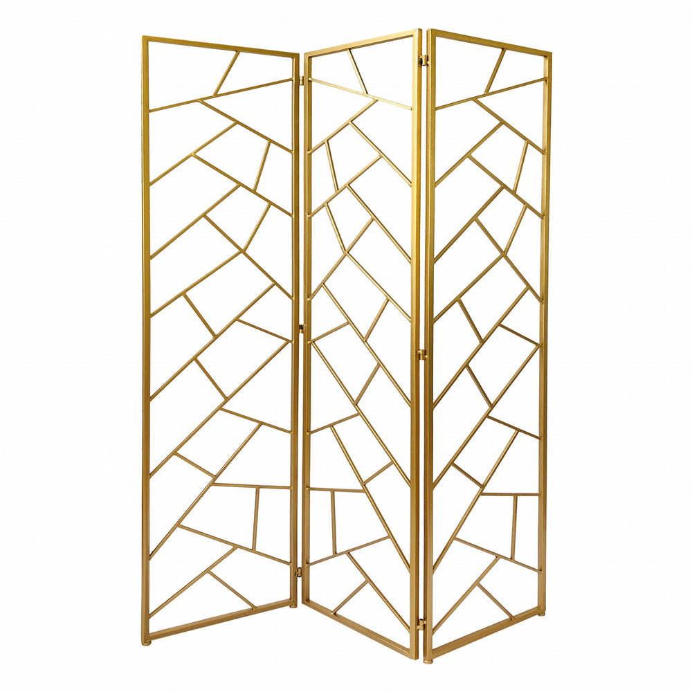 Homeroots 71" Gold Ironfolding Three Panel Screen Room Divider  Metal 379902