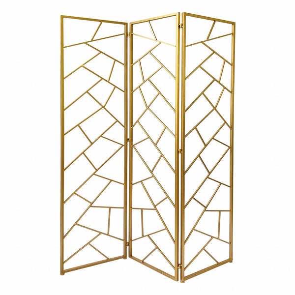 Homeroots 71" Gold Ironfolding Three Panel Screen Room Divider  Metal 379902
