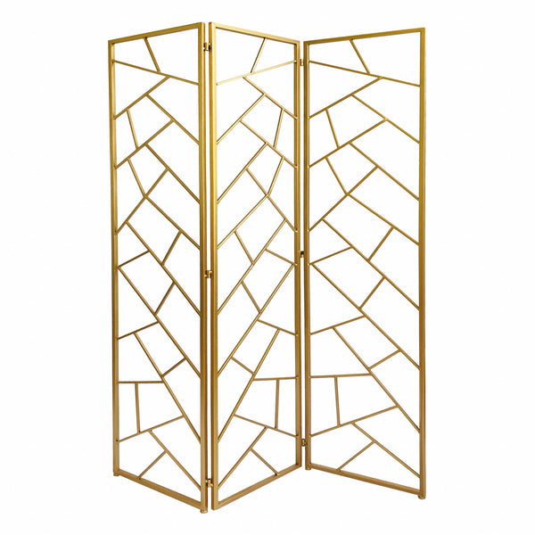 Homeroots 71" Gold Ironfolding Three Panel Screen Room Divider  Metal 379902