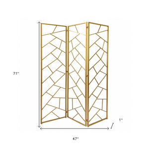 Homeroots 71" Gold Ironfolding Three Panel Screen Room Divider  Metal 379902