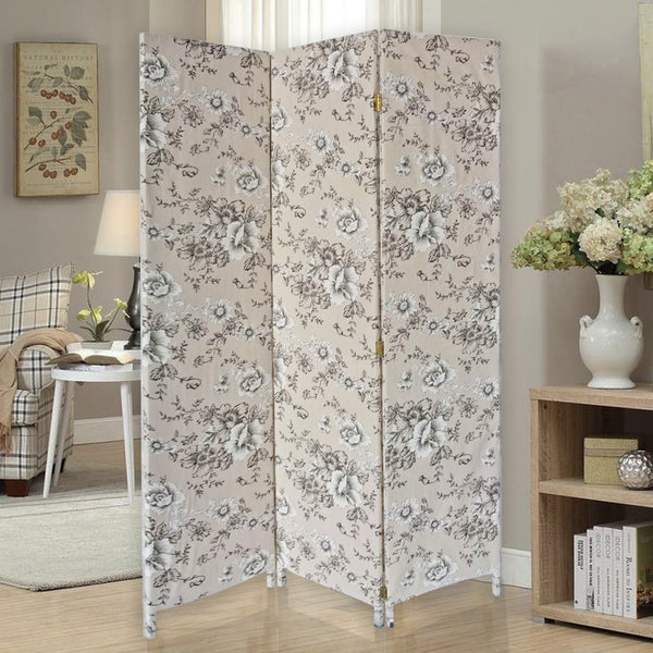 Homeroots 71" Beige And Black Fabric Folding Three Panel Screen Room Divider  Wood 379907