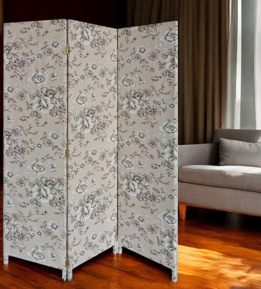 Homeroots 71" Beige And Black Fabric Folding Three Panel Screen Room Divider  Wood 379907
