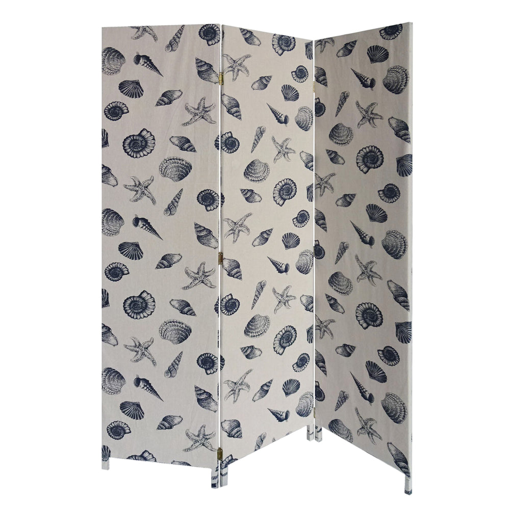 Homeroots 71" Blue And Beige Fabric Folding Three Panel Screen Room Divider  Wood 379908