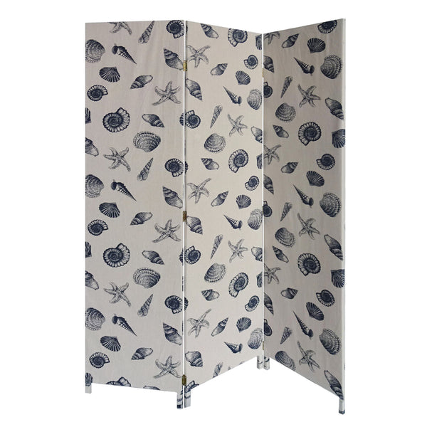 Homeroots 71" Blue And Beige Fabric Folding Three Panel Screen Room Divider  Wood 379908