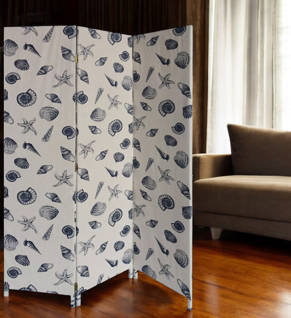 Homeroots 71" Blue And Beige Fabric Folding Three Panel Screen Room Divider  Wood 379908