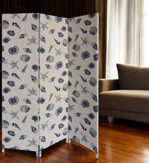 Homeroots 71" Blue And Beige Fabric Folding Three Panel Screen Room Divider  Wood 379908