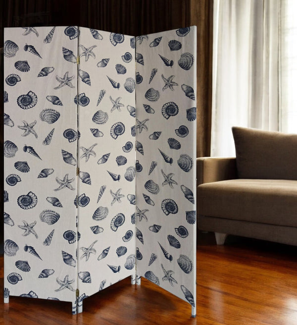 Homeroots 71" Blue And Beige Fabric Folding Three Panel Screen Room Divider  Wood 379908