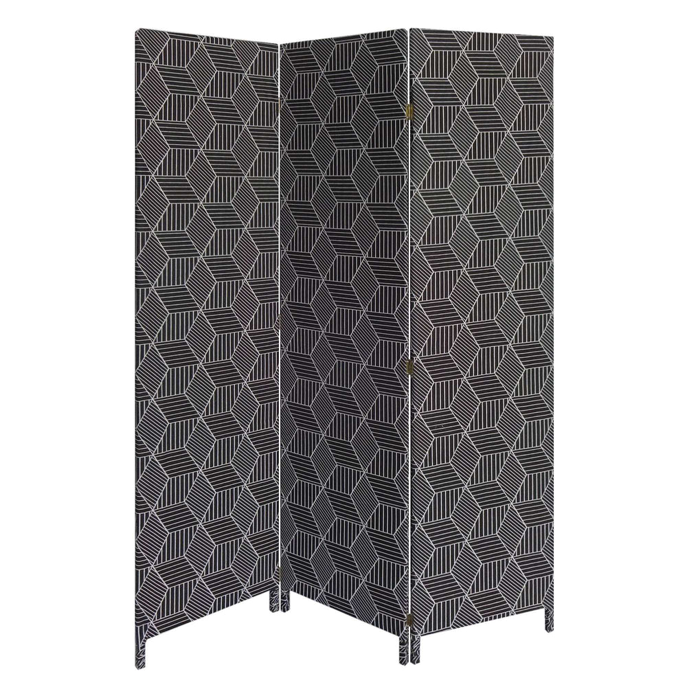 Homeroots 71" Black And White Fabric Folding Three Panel Screen Room Divider  Wood 379910