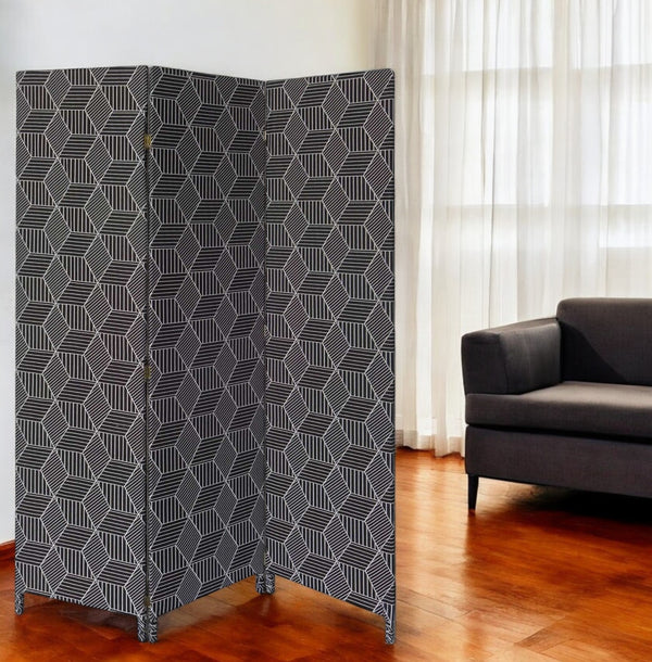 Homeroots 71" Black And White Fabric Folding Three Panel Screen Room Divider  Wood 379910
