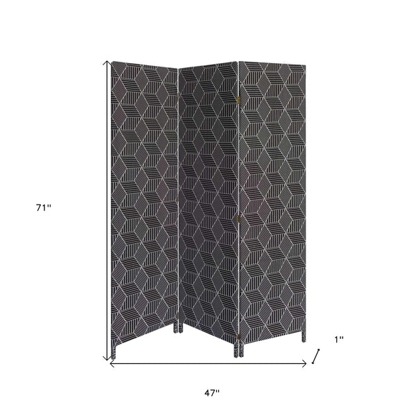 Homeroots 71" Black And White Fabric Folding Three Panel Screen Room Divider  Wood 379910