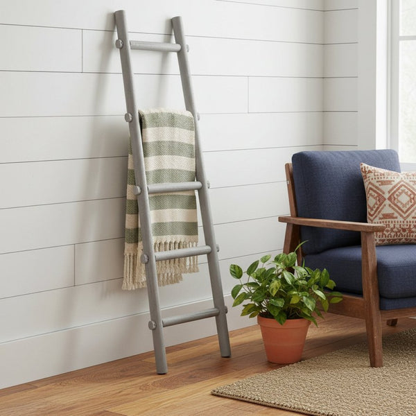 HomeRoots 59" Rustic Weathered Wood Five-Step Ladder Shelf for Stylish Storage and Display in Any Room Grey 379914