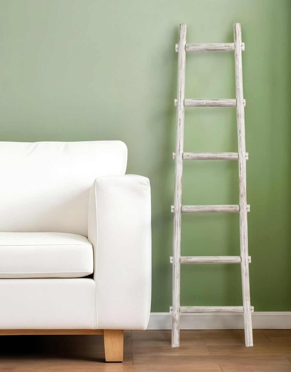 Homeroots 72" White Rustic Six Step Wood Ladder Shelf White Wood 379919