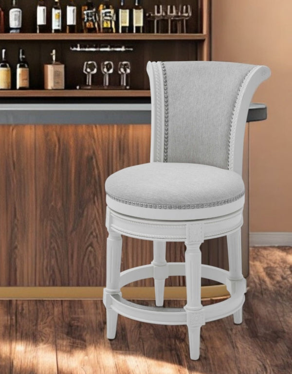 Homeroots 39" Light Gray And White Fabric Counter Height Swivel Bar Chair   379920