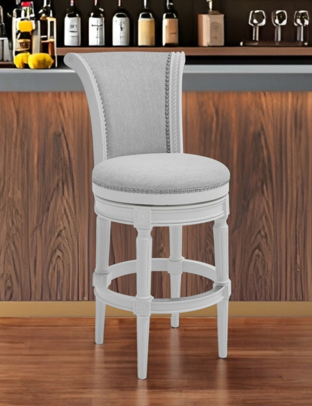 HomeRoots Light Gray and White Solid Wood Swivel Bar Chair - Modern Comfort with Plush Upholstery & Footrest 379921