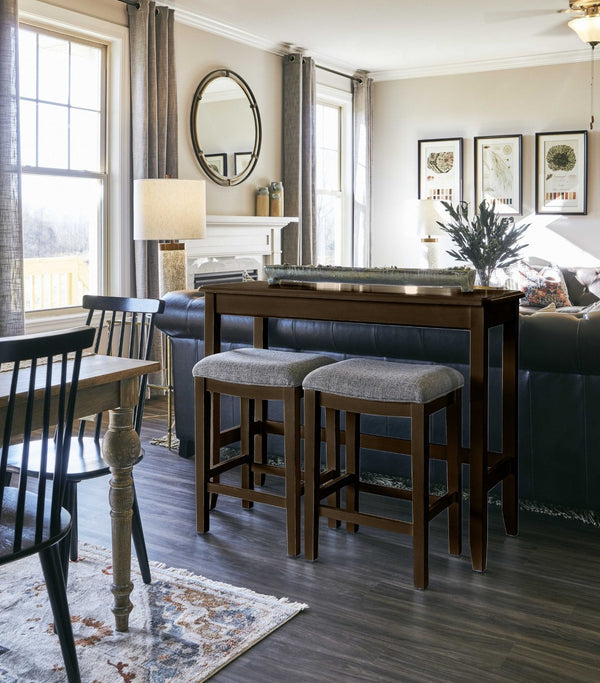HomeRoots Set of Two 27" Backless Bar Chairs with Table in Light Gray & Dark Brown for Stylish Spaces 379938