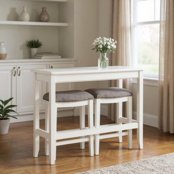 HomeRoots 49" Elegant Three-Piece White Wood Bar Set with Cushioned Stools for Modern Farmhouse Charm 379939