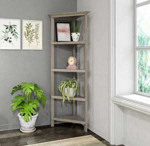 Homeroots 60" Washed Grey Solid Wood Corner Bookcase   379943