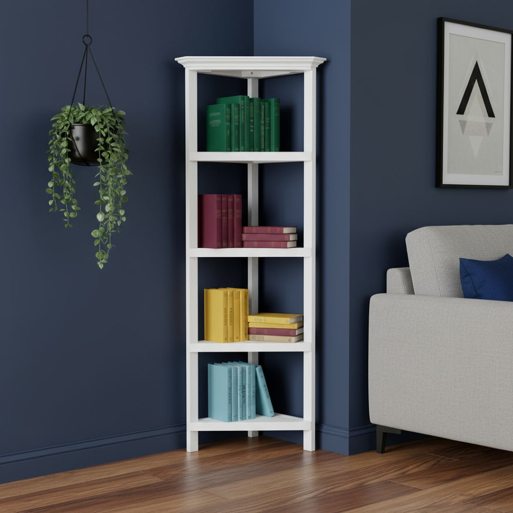 HomeRoots White Solid Wood Corner Bookcase – Stylish Space-Saving Storage Solution for Modern Homes & Offices 379944