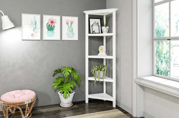 HomeRoots White Solid Wood Corner Bookcase – Stylish Space-Saving Storage Solution for Modern Homes & Offices 379944