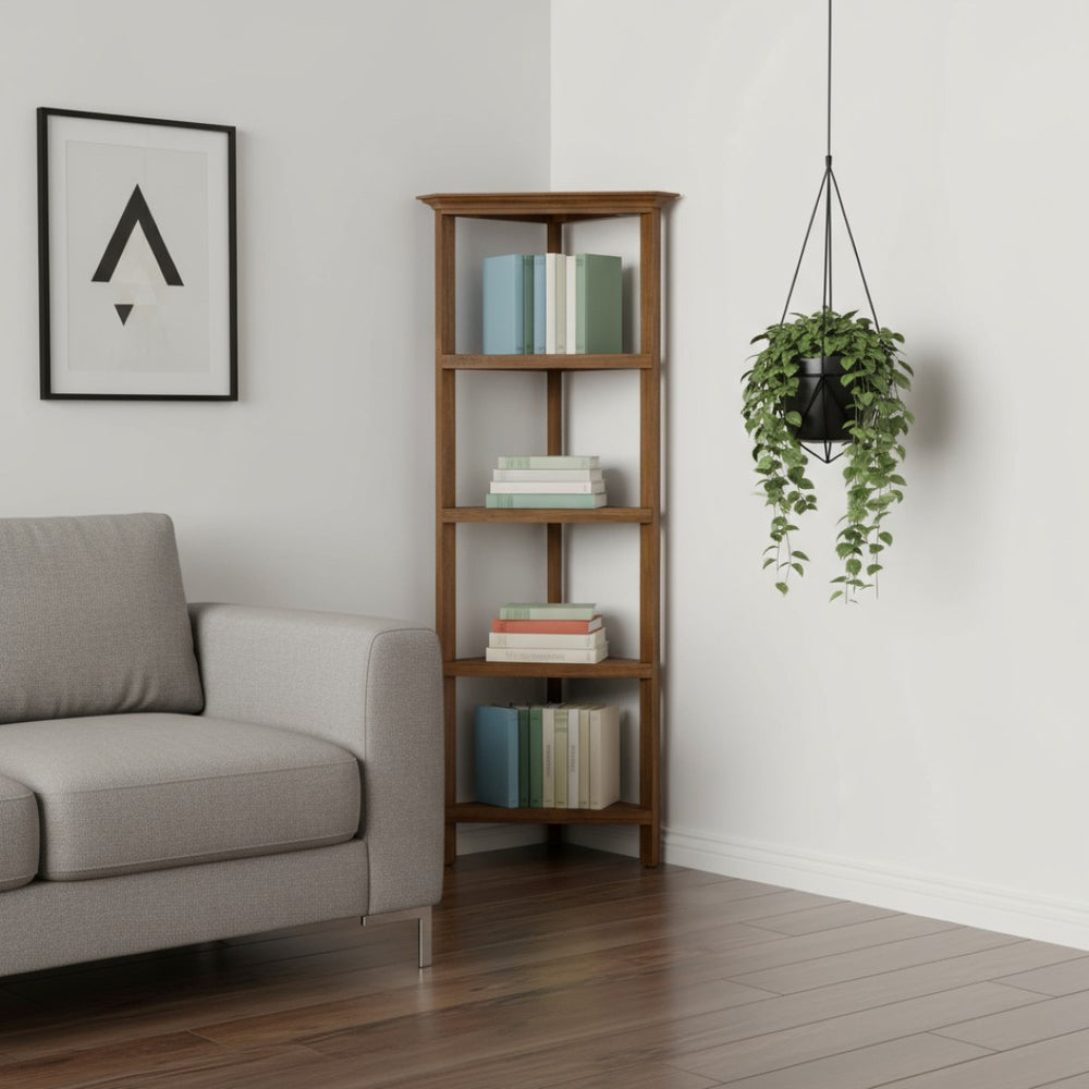 HomeRoots 60" Walnut Solid Wood Four-Tier Corner Bookcase – Elegant Storage Solution for Small Spaces & Décor 379945