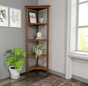 Homeroots 60" Walnut Solid Wood Four Tier Corner Bookcase   379945
