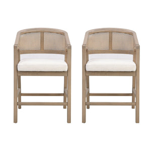 English Elm Wooden Rubberwood Counter Stools with Woven Rattan Back Mid Century Set of Two Light Ash N771P257313A
