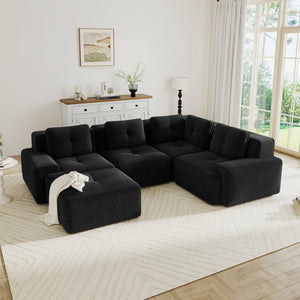 English Elm Modern Corduroy Sectional Sofa Deep Seat V Shape Tufted Couch with Movable Ottoman Black W714S01585