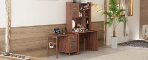 English Elm Computer Desk with Rotating Extension Panel Walnut Finish Glass Cabinets Home Office N733S363716D
