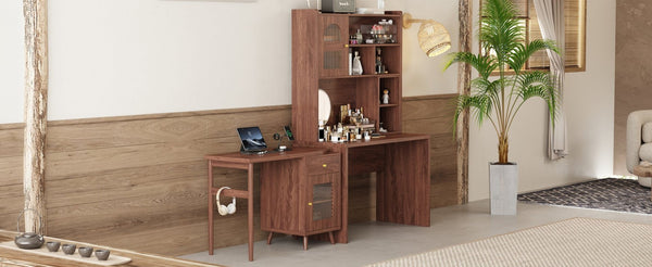 English Elm Computer Desk with Rotating Extension Panel Walnut Finish Glass Cabinets Home Office N733S363716D
