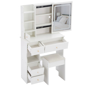 English Elm 29.2" Compact Left Drawer Vanity Set With Led Mirror, Power Station, Stool & Hair Dryer Holder P1 W936P202461-GIGA